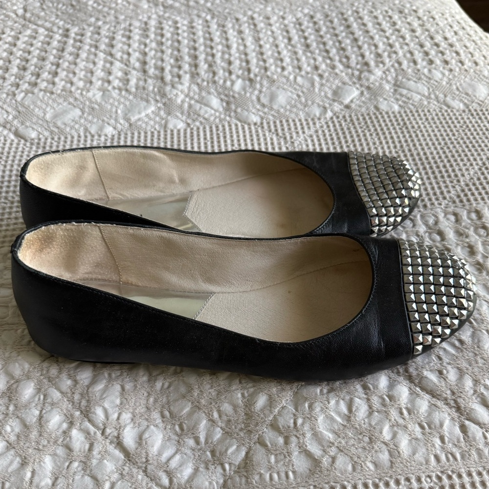Michael Kors Black Leather Ballet Flats with Silver Studded Cap Toe